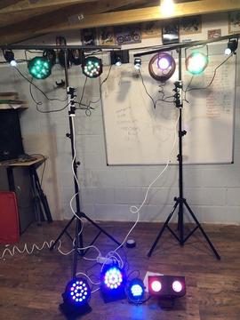 Set Of Stage Disco LED Lights Pin Spots Tripod Stands All In Carry Case