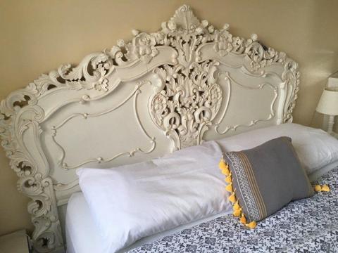 Double French Rococo carved white bed headboard