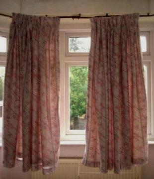 Silver Grey Curtains with Gray & Pink Print; 100% Cotton with lining; washable; Pencil Pleats