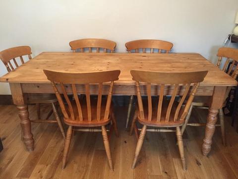 Strong large solid wood 6ft long farmhouse dining table with 6 strong traditional chairs
