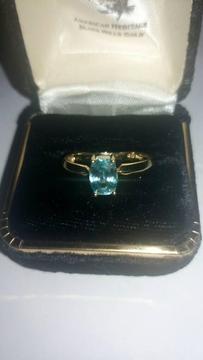 Stunning solid 9ct yellow gold aquamarine solitaire ring size N