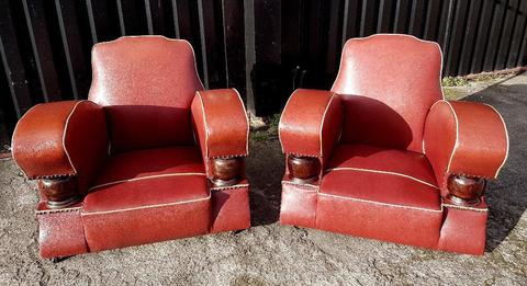 Pair of Original French Art Deco Club Chairs, Red oil cloth