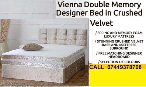 New Offer Clearance Price Crush velvet Designer Double Bed Base with Memory Foam Options