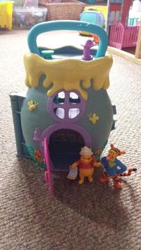 Vintage Disney Winnie the Pooh honey pot house with figures