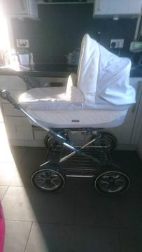 Baby blue and white leather pram
