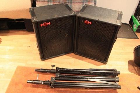 4 100 Watt Speakers for PA - 2 Carlsboro and 2 HH Electronics - plus 2 stands