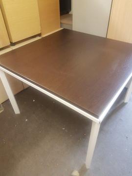 Dark wood effect office meeting table 1M by 1M square with White metal legs