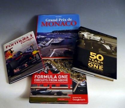 4 GREAT BOOKS ON FORMULA 1 ONE. 50 YEARS OF F1,CIRCUITS FROM ABOVE,F1 DESIGN ,MONACO GRAND PRIX