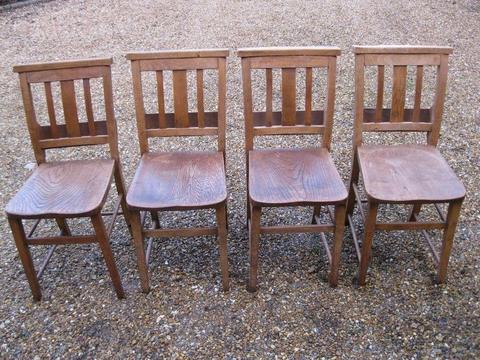 SET OF 4 OLD CHAPEL CHAIRS. Delivery poss. ALSO PINE CHURCH PEW & MORE CHAIRS