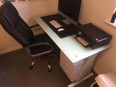 Glass computer desk with leather chair