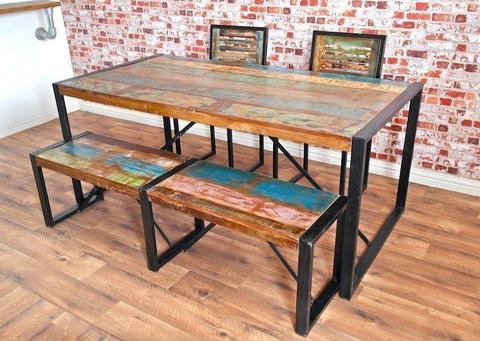 Rustic Industrial Reclaimed Dining Sets - Table Benches Chairs - Old Boat Wood