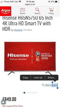 Brand new Hisense 65 inch 4K ultra hd smart led HDR tv.(NO BOX)H65N5750 £660 NO OFFERS.CAN DELIVER