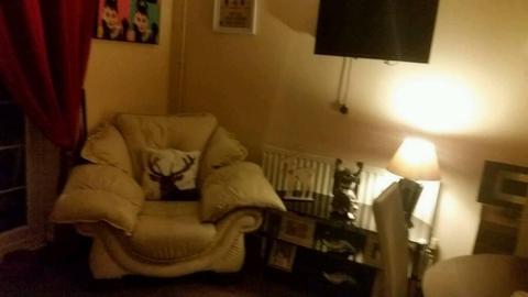 Cream 3 seater leather sofa and chair