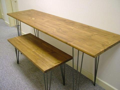 Bespoke handmade wooden table / desk. 180 x 50 & bench 100 x 40 hairpin legs