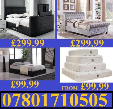 NEW DOUBLE LEATHER OR CRUSHED VELVET BED + MATTRESS MATTRESSES