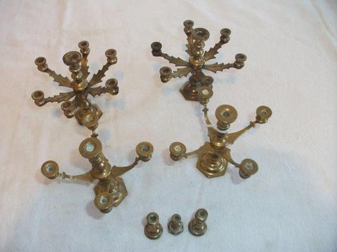 4 Miniature Solid Brass Candelabra & 3 Candlesticks - Possibly Dolls House Furniture?