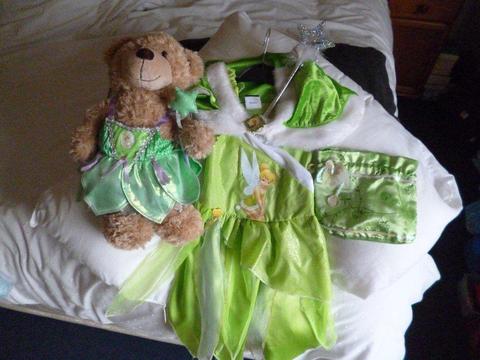 Tinkerbell fancy dress and Build a Bear with wands +satin bag/ books 5-6 yrs