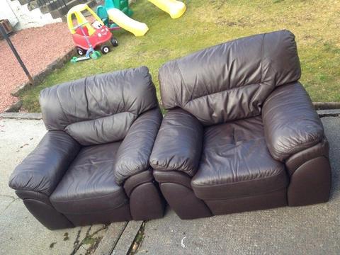 Three seater brown leather sofas plus two one seater