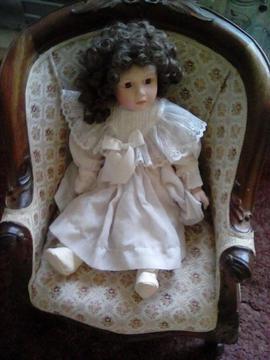 Porcelain Doll in Miniature Chair of Tapestry Fabric & Wood