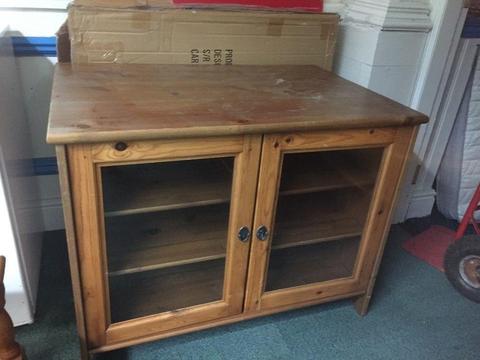 Pine TV Stand Storage Cabinet & Side Table very strong solid with storage shelves & glass doors