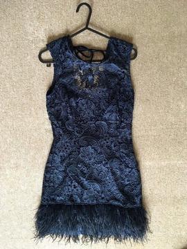 Lipsy Navy Lace Feather Shift Dress. UK size 8 Low Back. (Never been worn, with labels remaining)