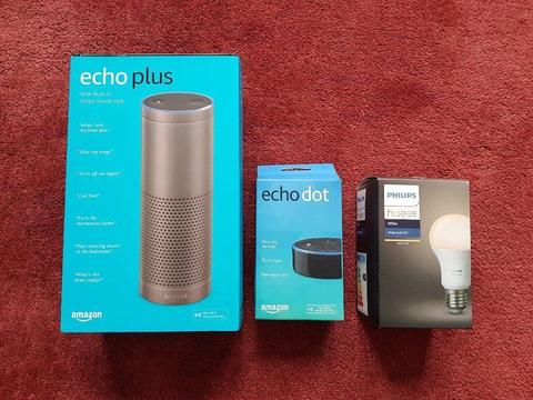 Amazon Echo Plus (Silver), Amazon Echo Dot (Black) & Philips Hue White Bulb E27