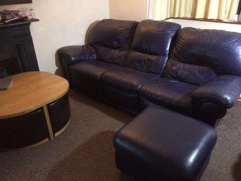 NAVY BLUE LEATHER 3+2 RECLINER SOFAS PLUS FOOTSTOOL - MUST GO ASAP - £250