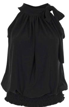New Ladies Black Side Pussybow Sleeveless Ruched Top.Size 22