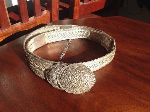 ANTIQUE INDIAN ELABORATELY BRAIDED REPOUSSE SILVER BELT WITH BUCKLE
