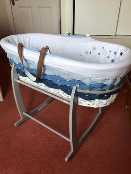 Blue ombré Moses basket with rocking stand