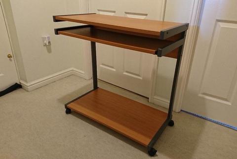 Beech wood office desk with keyboard tray, printer shelf & wheels (very good condition)