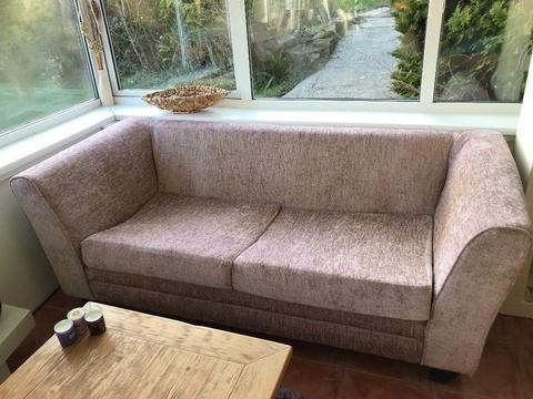 Two Brown Chenille Sofas, One Small, One Medium, Very Good Condition, Firm Base Cushions