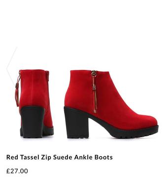 Red Tassel Zip Suede Ankle Boots