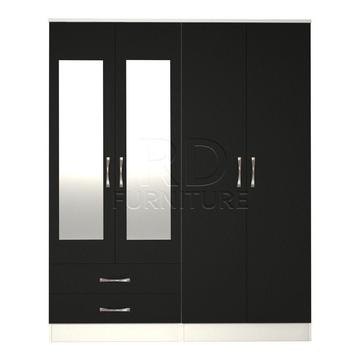 hampton 4 door 2 drawer mirrored wardrobe white and black