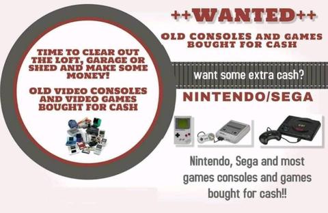 Nintendo, sega, playststion, wii, gameboys. OLD GAMES CONSOLES WANTED FOR CASH