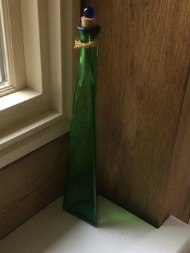 Decorative GreenGlass Oil /Vinegar Bottle (triangular with cork stopper)Italian