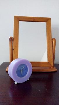 Lovely quality pine table top swivel mirror & Alarm clock. For individual prices see details