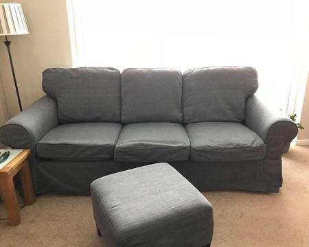 Two grey 3 seater settees and stool for sale