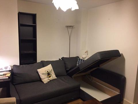 free furniture to collect (a brand new sofa with storage space, a chair, and shelves)