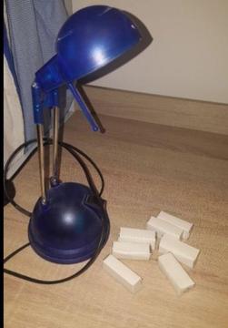 blue desk lamp, extendable arm, spare bulbs