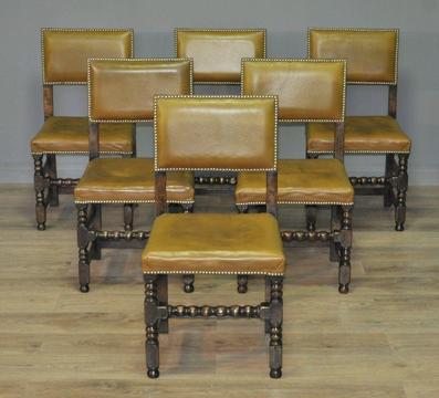Attractive Set Of Six Antique Victorian Turned Oak & Leather Dining Chairs