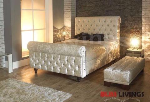 Diamond buttons german made crush velvet sleigh bed frame with thick orthopedic mattress