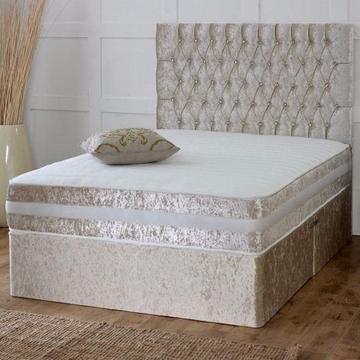 CHOICE OF COLORS *** DOUBLE CRUSHED VELVET DIVAN BED BASE WITH DEEP QUILTED MATTRESS