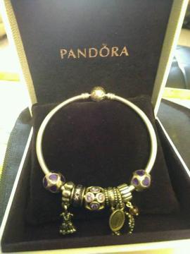 GENUINE PANDORA SILVER BANGLE WITH 8 ASSORTED CHARMS £80ono