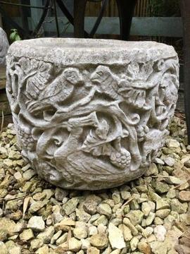 Nice heavy weathered carved garden planter / pot
