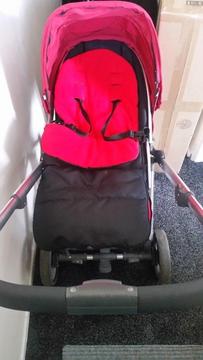 Red unisex oyster pram with car seat, changing bag, foot muff and rain cover
