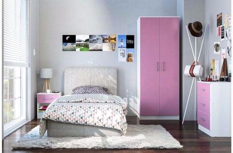 High Quality Children's 3 piece 2 Door HIGH GLOSS Wardrobe Drawer Cabinet Bedroom Set - White Pink