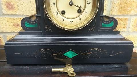 ANTIQUE BELGIUM SLATE MANTLE CLOCK, WITH MALACHITE INSERTS. STRIKES THE HALF HOUR & HOUR. CIRC
