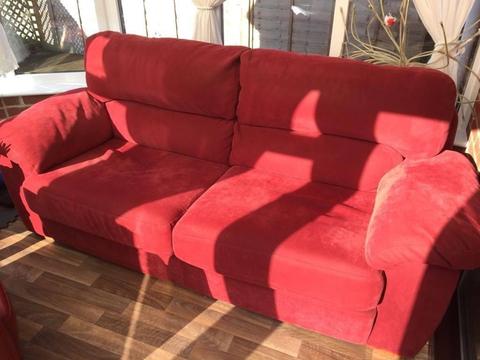 Free. Great three-seater sofa - red suede effect