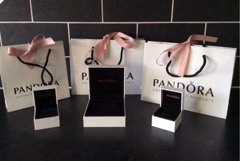 Pandora bracelet box, two charm boxes & three gift bags